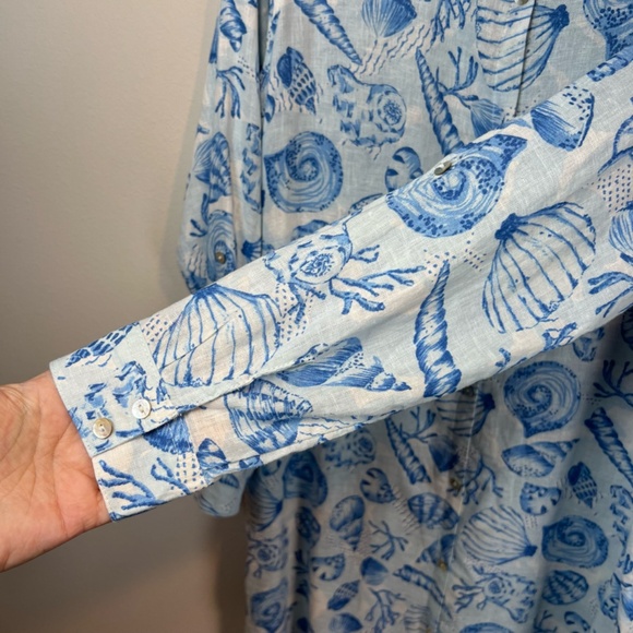 Martha Stewart Womens Linen Blend Shirt Dress Blue White Beach Shells Size Small - Picture 6 of 16
